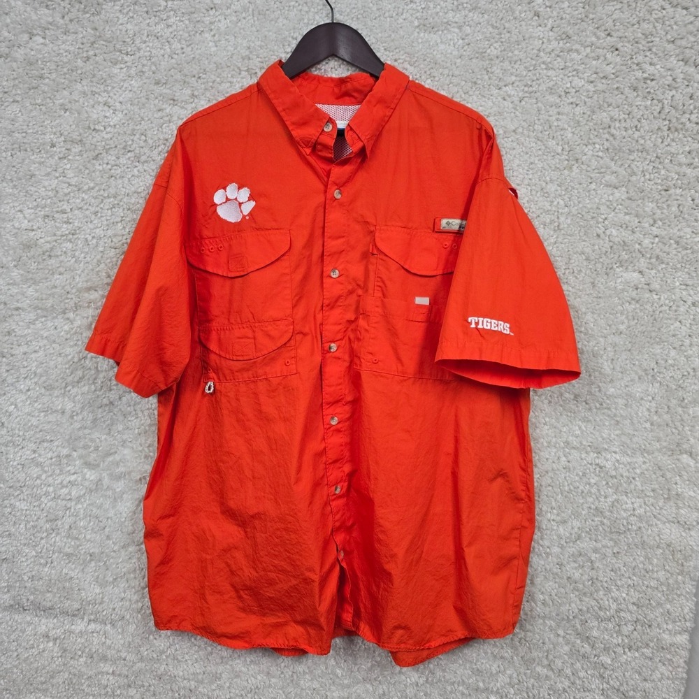 Columbia Fishing Shirt Men's XXL‎ Orange Clemson Tigers PFG Vent Short Sleeve